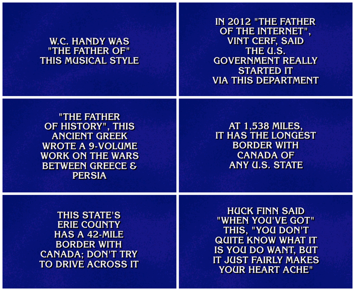 ITC Korinna has been used for clue cards since the beginning of the game show’s syndication run in 1984. If the strange type choice doesn’t distract type nerds from successfully playing Jeopardy! the lack of proper quotes and apostrophes will.