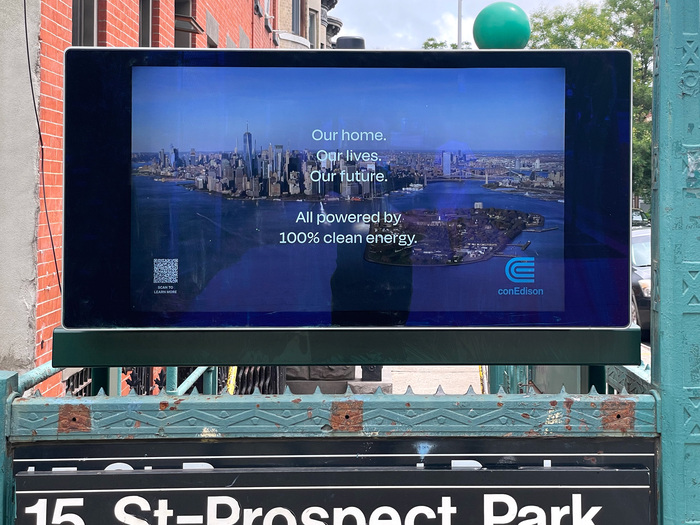 “Where clean energy lives” video ad as seen outside an MTA subway station, August 2022