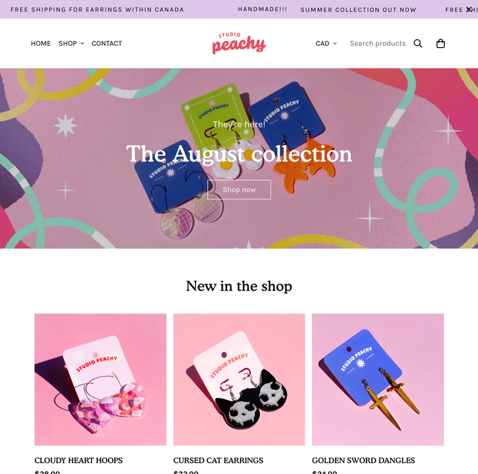 The Studio Peachy website, captured August 2022. Coniferous is used in the logo at the top of the page, Cooper BT is used for headlines, and Karla for body copy.