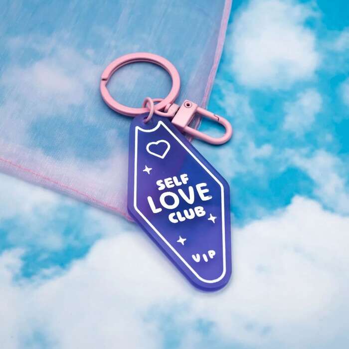 Ohno Softie Regular and Bold used on an acrylic diamond-shaped keychain that says “Self Love Club”.