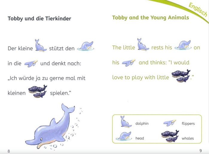 Spread from the interior, showing the bilingual text with inline images