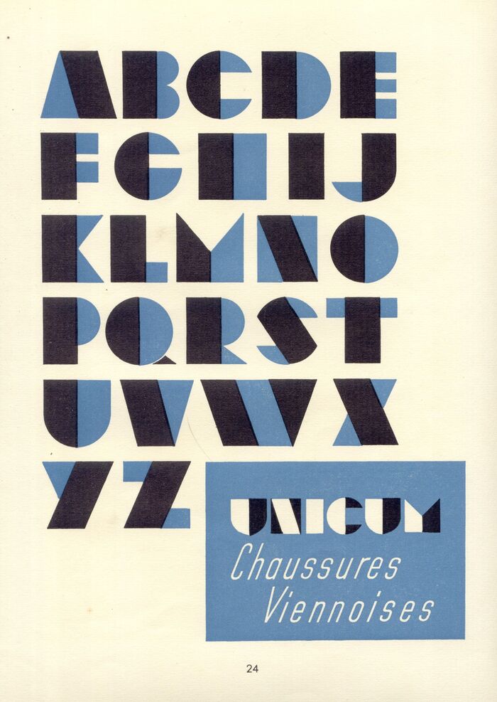 The original alphabet by Martin Meijer, as shown on page 24 of Arti Letter-Book 3: Fancy letters (Alkmaar, 1949), for the (fictional) Unicum brand of Viennese footwear