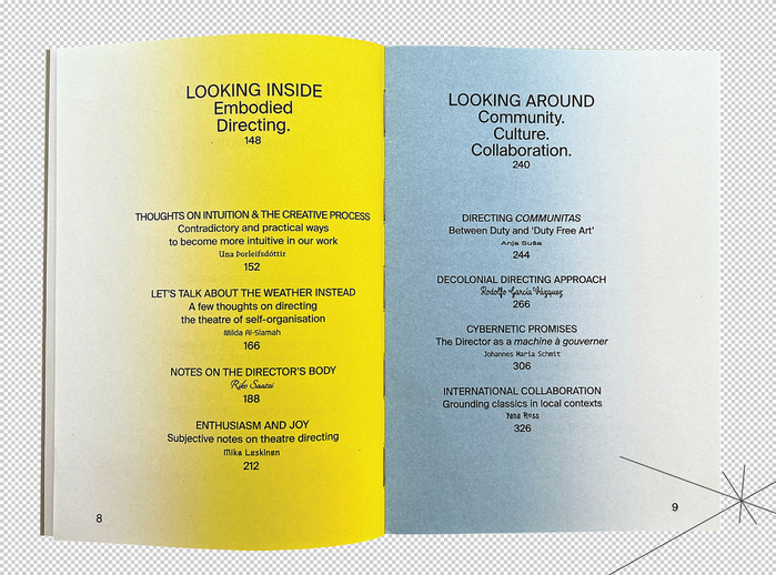 The table of content pages use various typefaces for the author’s names. In page order: Messer (Una Þorleifsdóttir);  (Milda Al-Slamah);  (Riko Saatsi);  (Mika Leskinen); Nimbus Sans (Anja Suša);  (Rodolfo Garcia Vázquez);  Monospaced (Johannes Maria Schmit) and  (Yana Ross).