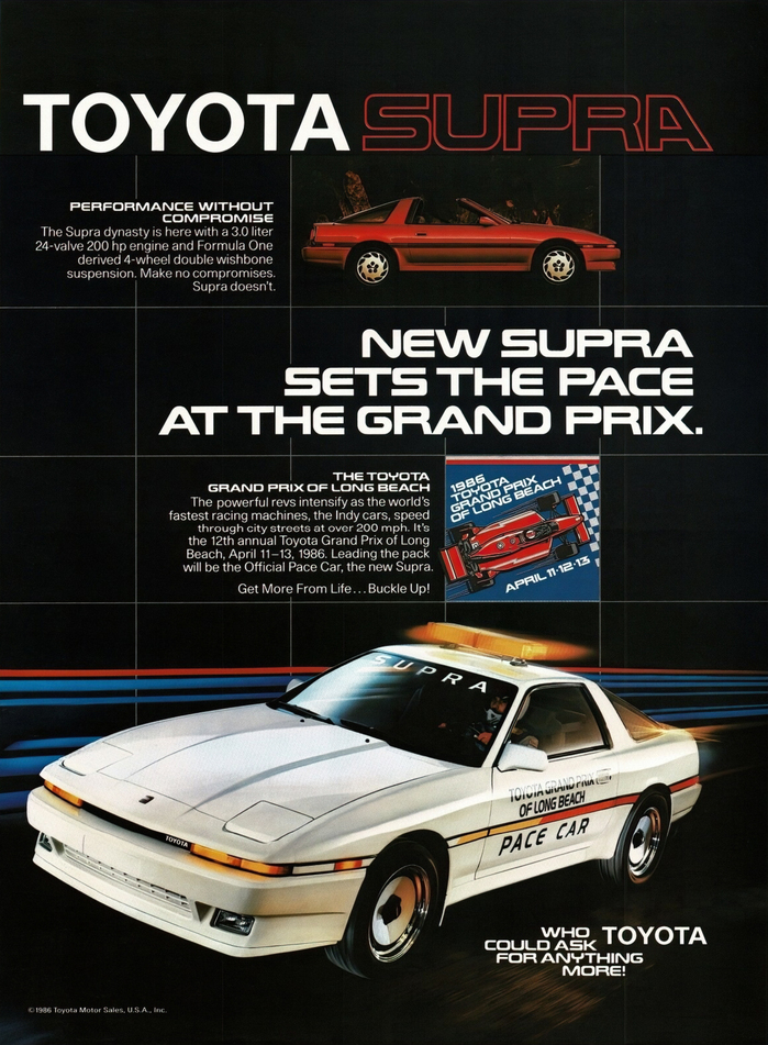 The Supra Pace Car features decals set in Handel Gothic.