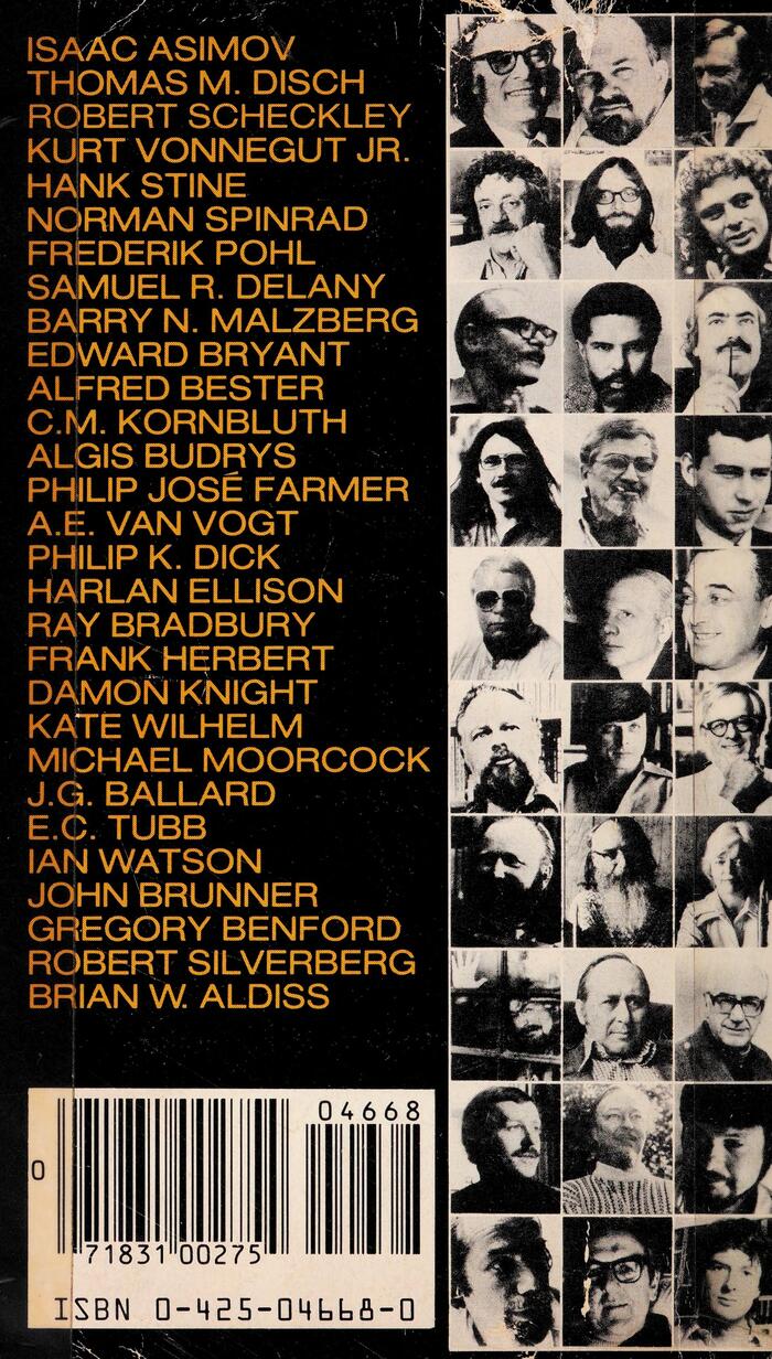 Back cover, featuring list of contributing science fiction authors set in Helvetica breitmager