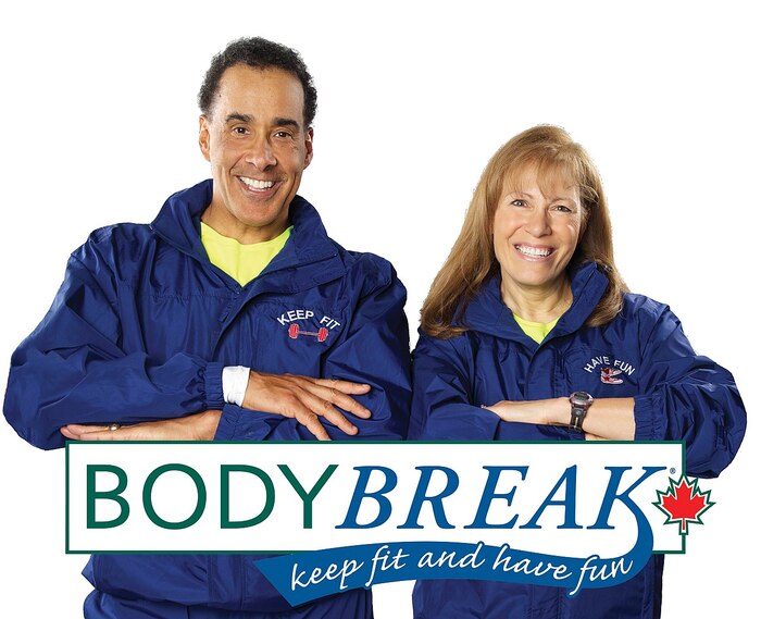 The hosts, Hal Johnson and Joanne McLeod, posing in front of the BodyBreak logo