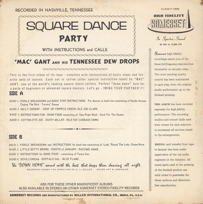 The back cover is a smorgasbord of type styles. The featured typefaces include  (“Recorded in Nashville, Tennessee”),  schmalhalbfett and  (side headers),  (track list), and  (right column). The wide informal caps used for “Square Dance” are yet unidentified.