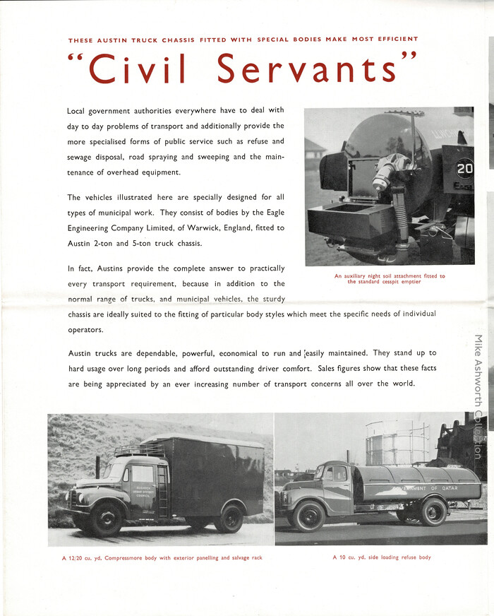 This page, entitled “civil servants”, shows a variety of the specialist bodies fitted to such truck chassis. As well as an auxiliary night soil attachment fitted to a cesspit emptier – this being used in areas that were unsewered – there is an example of the Compressmore body for refuse colelection and a side loading refuse truck . These latter vehicles are badged up for the Rushden Urban District Council in Northamptonshire and the Government of Qatar.