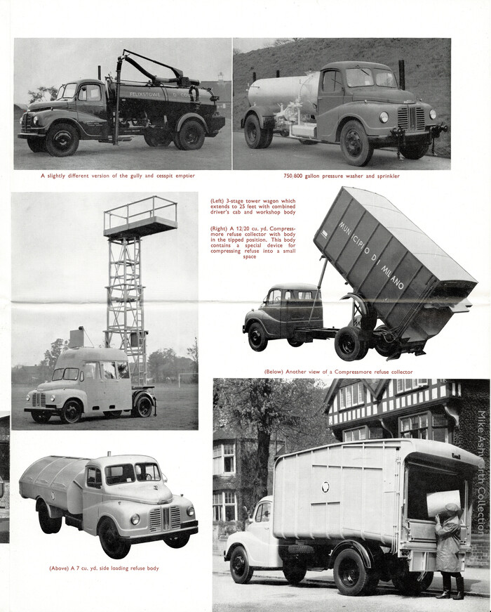 This page shows a variety of the specialist bodies fitted to such truck chassis/ They show a gully and cesspit emptier for the Lowestoft Urban District Council, a pressure washer and sprinkler, a three-stage tower wagon of the type used for street lighting, tram and trolleybus overhead, and a Compressmore tipper bodied refuse collection vehicle badged for the Municipio di Milano on a left hand drive chassis.

The last two images show a side loading refuse truck and another view of the Eagle ‘Compressmore’ refuse collector.