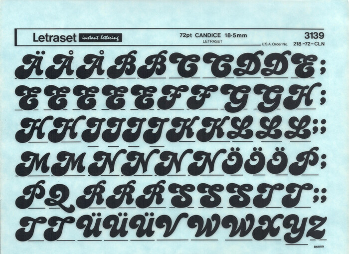 The source material: an instant lettering sheet for 72pt Candice as produced by Letraset. The shown detail depicts the capitals from which Christakis assembled the logo for Póli Gynaikón.