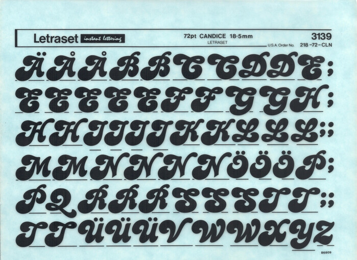 The source material: an instant lettering sheet for 72pt Candice as produced by Letraset. The shown detail depicts the capitals from which Christakis assembled the logo for P&oacute;li Gynaik&oacute;n.