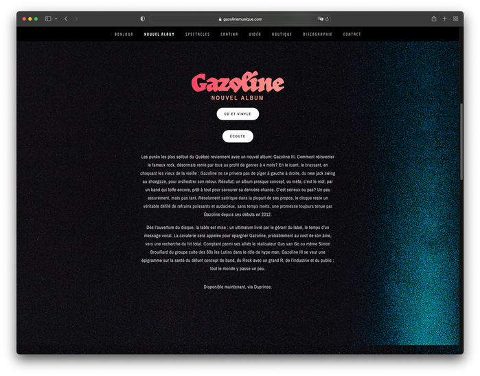 Band website, with text set in center-aligned  Narrow.