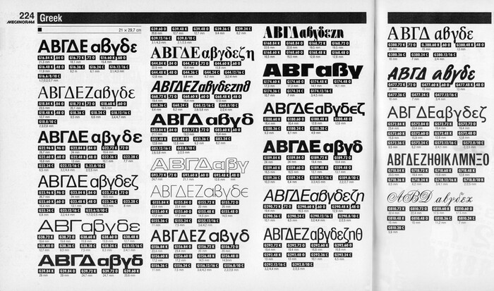 Mecanorma, the French competitor to Letraset, showed fifteen families with twenty-three styles in the Greek section of their Graphic Book 14 from 1988, out of a total of 605 styles:  Demi Bold; ;  Medium and Light;  Extended and Bold Extended;  Bold;  68 and 83;  Outline;  Light and Medium; ; ; ;  Bold, Medium Italic, and Light Condensed; ;  Bold;  Medium; Grotesque Condensed; and a formal script of unknown origin. The number of typefaces with Greek support increased from eleven styles in 1980 to nineteen styles in 1986.