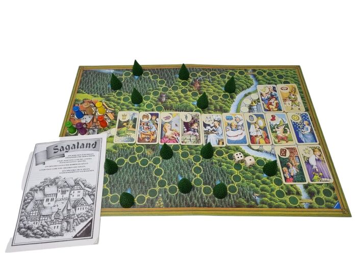 The Sagaland board with game pieces, cards, and the manual