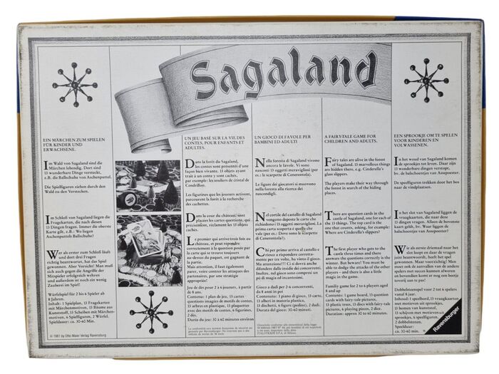 The back of the Sagaland box with info in five languages, set in the bold weight of  (1927) with drop caps