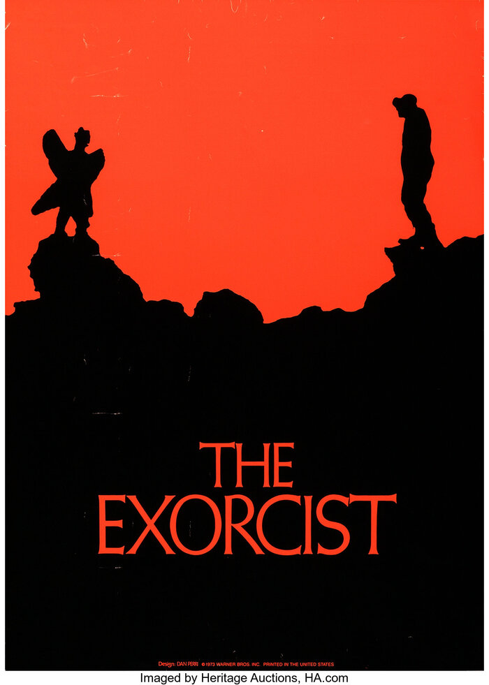 This advance promotional poster (22.25″ × 31.25″) designed by Dan Perri uses Weiss Initials No. 2, just like the dust jacket for Harper &amp; Row’s first edition of The Exorcist.