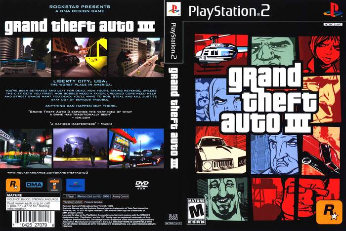 Full view of sleeve for the North American PS2 release. The game's title is set in Pricedown, with additional text set in Bank Gothic.