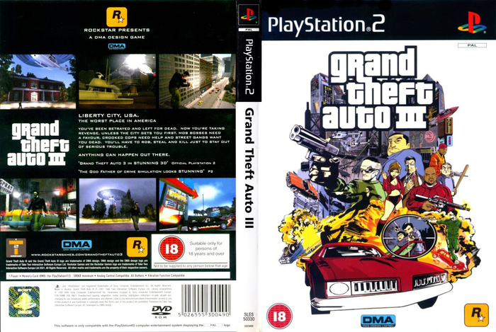 Full view of sleeve for the UK PS2 release. The game’s title is set in Pricedown, with additional text set in Bank Gothic. Frutiger is used for the game's title on the spine of the sleeve.