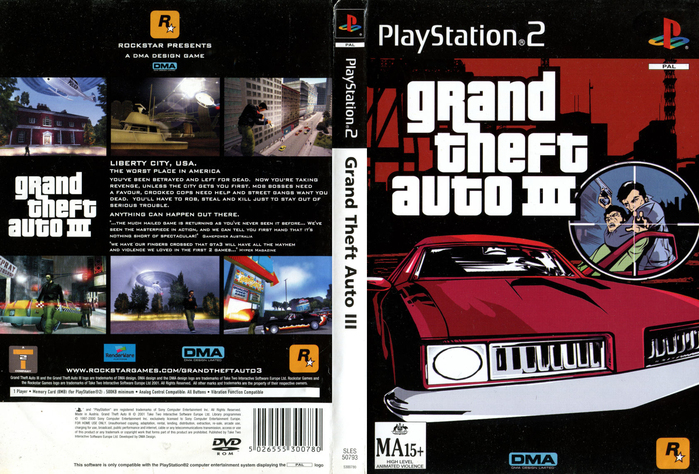 Full view of sleeve for the Australian PS2 release. The game's title is set in Pricedown, with additional text set in Bank Gothic. Frutiger is used for the game's title on the spine of the sleeve. The cover illustration is a tighter crop of the UK release set against a new dark red skyline.