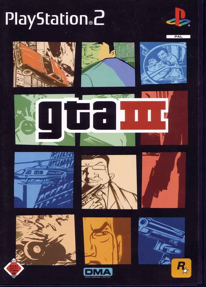 Front cover of German PS2 release. The game’s title is abbreviated to GTA III but still set in Pricedown. Most other European releases feature the abbreviated title but the same cover illustration as the UK release. This release features an alternate design incorporating elements from both the North American and UK covers.