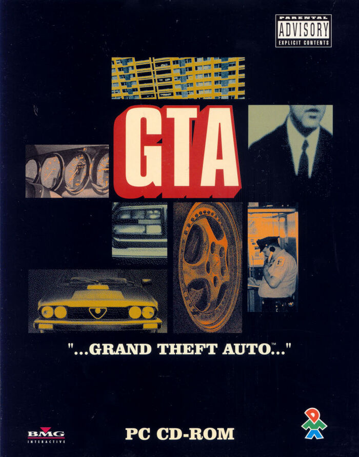 Covert art of the 1997 European release (France, Germany and Italy) for PC. The game's title is abbreviated to GTA and based on Compacta, with additional text set in Clarendon.