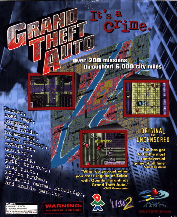 Back cover of the 1998 North American release for PC. The game's title is based on Compacta, which is also used for some additional text. Other fonts featured are FF Confidential, FF Trixie, Futura and Helvetica.