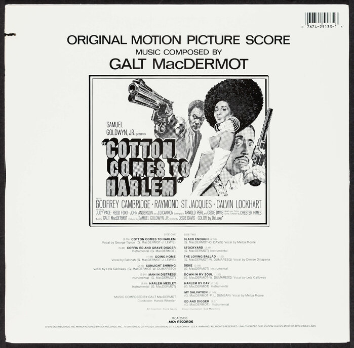Back cover of the soundtrack album, with the track names and credits in 