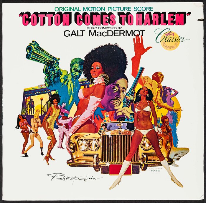 The original motion picture score composed by Galt MacDermot was originally released by . Eightway is here filled with pink and supported by . Art direction by . The image shown here is a later re-release by  (1986) with a largely identical design, signed by . [More info on Discogs]