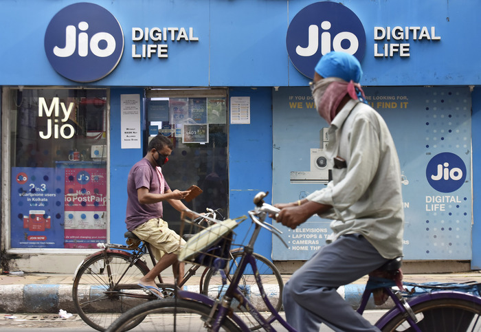 The Jio logo on the front of a shop in India