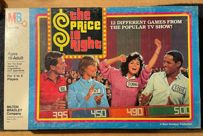 The Price is Right board game, Milton Bradley, 1986. “12 different games …” is set in caps from .