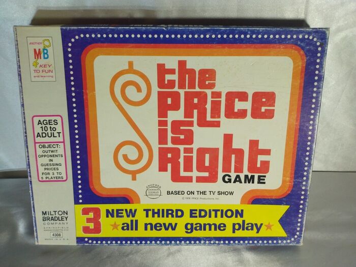 The Price is Right board game, 2nd edition, Milton Bradley, 1974. Secondary typefaces used for the box design include  and .