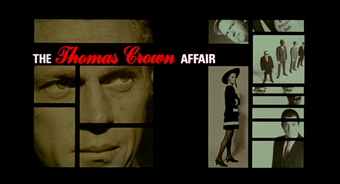 A frame from the title sequence displaying the film's title. The titular Thomas Crown is set in Commerical Script with additional type set in Univers 67.