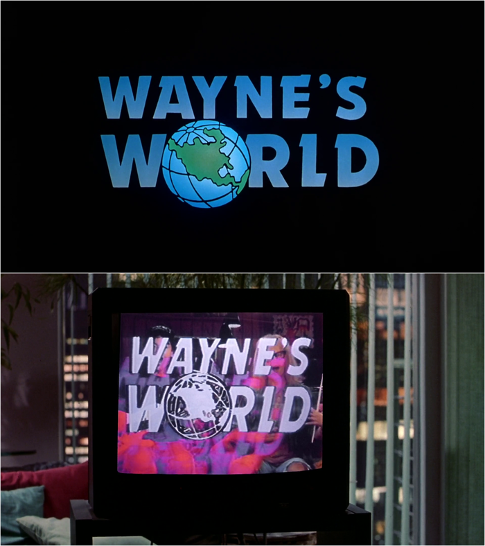 The Wayne's World logo as it appears in the 1992 film, set in a less well-spaced and sometimes faux italic Dynamo. The logo was originally designed in 1989 for use on the original SNL sketches.