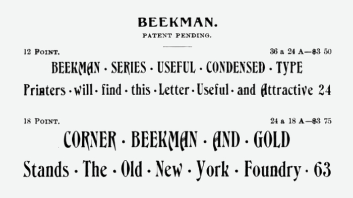 Detail of a specimen for Beekman, published by the A.D. Farmer & Son Type Founding Co. in 1899
