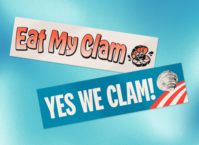 “Eat My Clam” bumper sticker ft. . “Yes We Clam” bumper sticker ft.  Compressed.