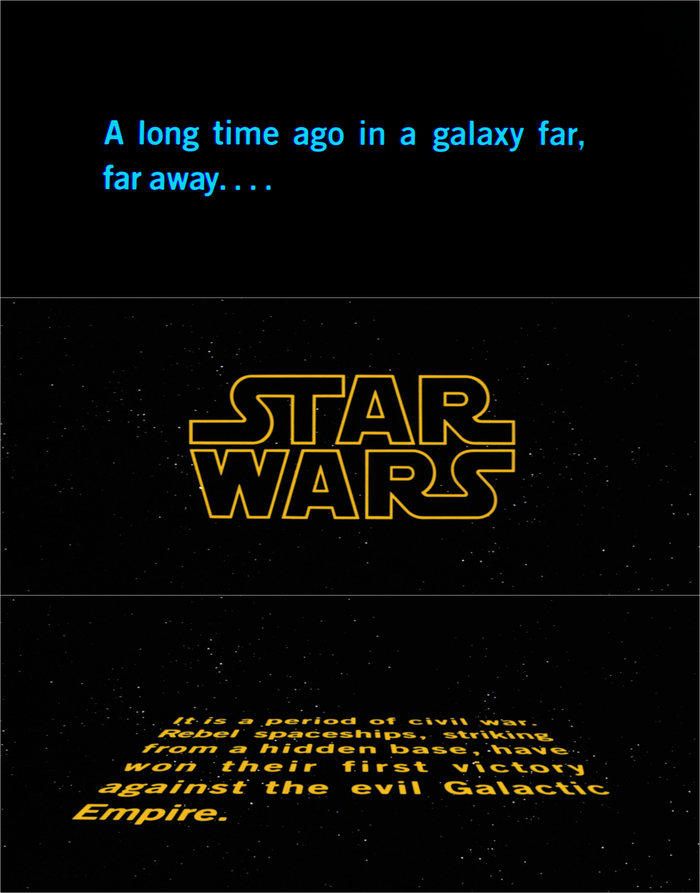 As seen in the original 1977 release, the “A long time ago” titlecard and opening crawl are set in Trade Gothic Bold No. 2.