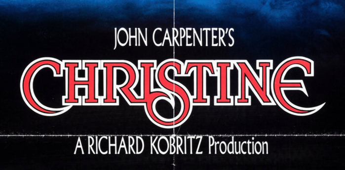Detail from the US one sheet advance poster for Christine. The title is custom drawn, in red serifed caps with a black outline and a heavier white contour. The descending swash forms for C, S, E feature pointed terminals. Other text is set in squeezed . The poster designer and lettering artist is unknown to me.