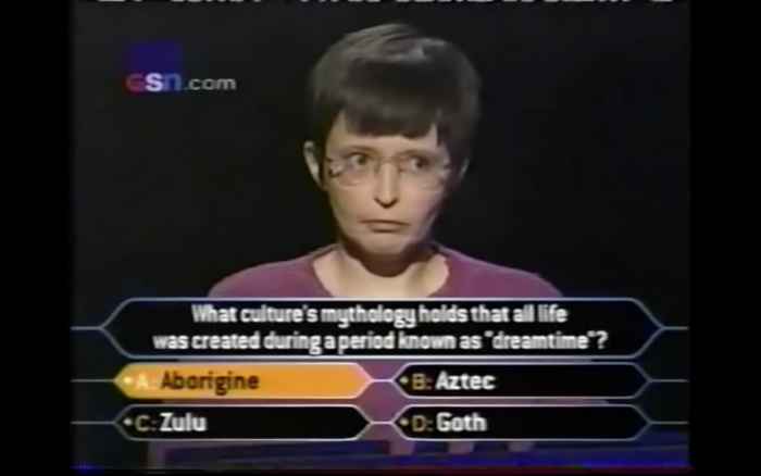 A question and the four possible answers, in ITC Conduit, in a show from November 2000