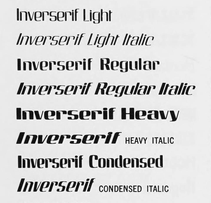 Style overview of the Inverserif family in Graphic Arts Manual by Arno Press, New York, 1980.