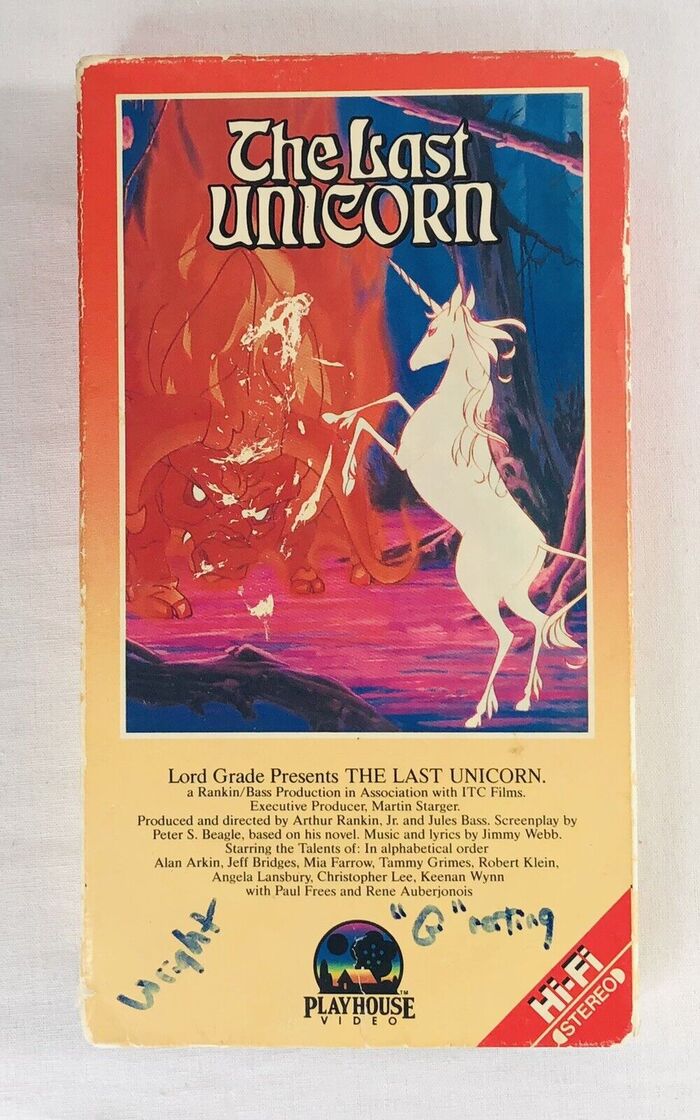 The Last Unicorn VHS home video release, Playhouse Video, 1985, with credits set in 