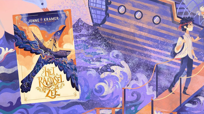The cover of the original Dutch version, Het Raadsel van de Zee, shown here for reference. Unlike the English version, the title is hand-lettered, while the author’s name seems to be set in Heller by Angin Studio.