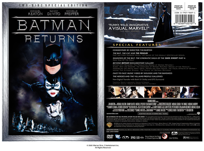 Front and back panels for the 2005 2-disc special edition DVD of Batman Returns, as featured in the anthology collection, with a cover title set in SpikerSerif. Additional text is set in Alexon, Engravers Gothic and FB Agency.