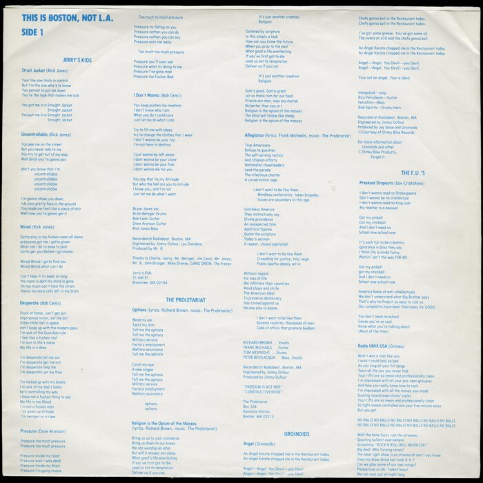 This Is Boston Not L.A. 12″ inner sleeve / lyrics sheet.