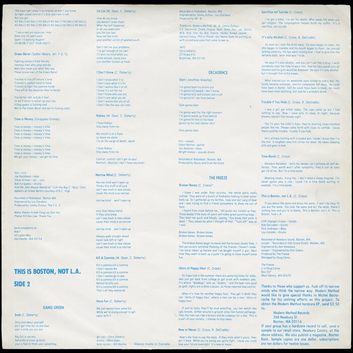 This Is Boston Not L.A. 12″ inner sleeve / lyrics sheet.
