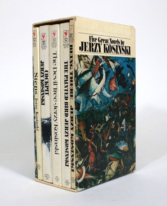 Montage was also used for a paper slipcase with Five Great Novels by Jerzy Kosinski, 1976. Not all of the included volumes use Montage (the spine lettering for The Devil Tree is in ). The cover art again is taken from a Hieronymus Bosch painting.