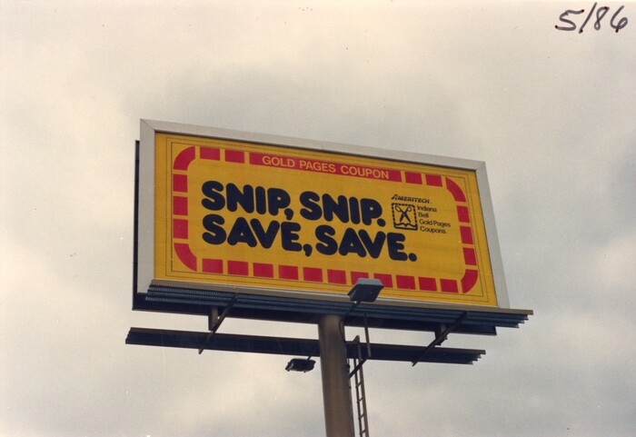 “Snip, Snip. Save, Save.” billboard