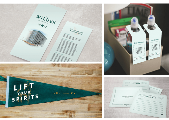 Pamphlets, waterbottles, a flag pennant, and note paper