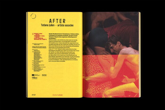 Spread from the program booklet, with PVC Menu for headlines and Media Sans Text for the copy