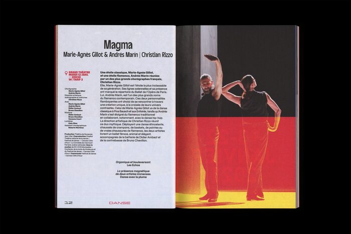 Spread from the program booklet. PVC Banner is used for the page number and running title (“Danse”).