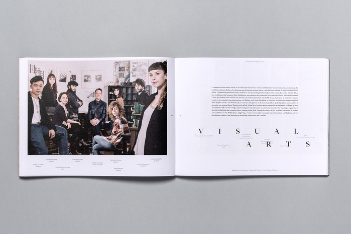 The second is developed horizontally and evokes the old family albums, both in format and in visual content. The photographs also refer to the traditional albums through the shots of the “professional families RUFA”, from the schools of the different departments to the staff of the Academy.